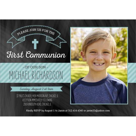 Blue Chalkboard Communion Photo Invitations